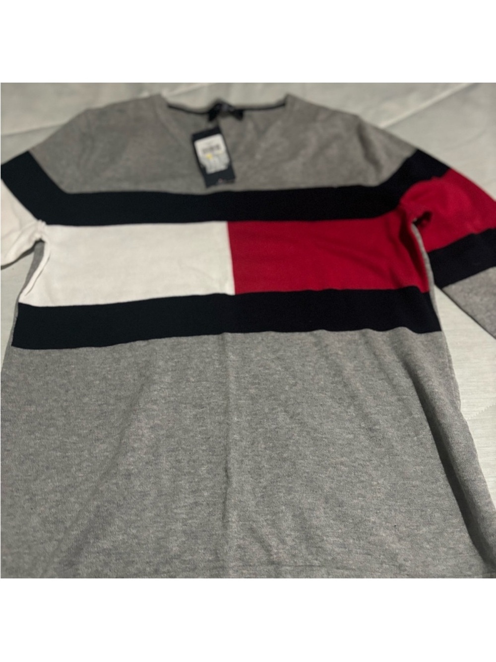 Tommy Hilfiger Women's Gray Crewneck Sweater with Red, White & Black Stripes